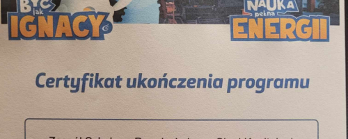 Certyfikat ukończenia Ogólnopolskiego Programu ,,Być jak Ignacy"